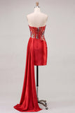 Sweetheart Red Bodycon doorschijnend korset met gerimpelde pailletten Homecoming jurk met sjerp
