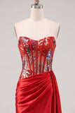 Sweetheart Red Bodycon doorschijnend korset met gerimpelde pailletten Homecoming jurk met sjerp