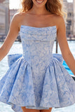 Felle roze strapless bloemen A-lijn Jacquard strik Homecoming jurk met veter op de rug