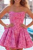 Felle roze strapless bloemen A-lijn Jacquard strik Homecoming jurk met veter op de rug