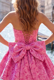 Felle roze strapless bloemen A-lijn Jacquard strik Homecoming jurk met veter op de rug