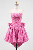 Felle roze strapless bloemen A-lijn Jacquard strik Homecoming jurk met veter op de rug