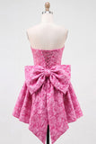 Felle roze strapless bloemen A-lijn Jacquard strik Homecoming jurk met veter op de rug