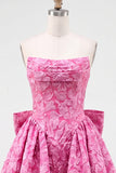 Felle roze strapless bloemen A-lijn Jacquard strik Homecoming jurk met veter op de rug