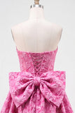Felle roze strapless bloemen A-lijn Jacquard strik Homecoming jurk met veter op de rug