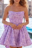 Felle roze strapless bloemen A-lijn Jacquard strik Homecoming jurk met veter op de rug