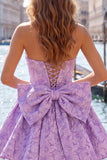 Felle roze strapless bloemen A-lijn Jacquard strik Homecoming jurk met veter op de rug