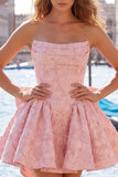 Felle roze strapless bloemen A-lijn Jacquard strik Homecoming jurk met veter op de rug