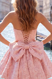 Felle roze strapless bloemen A-lijn Jacquard strik Homecoming jurk met veter op de rug