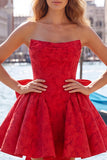 Felle roze strapless bloemen A-lijn Jacquard strik Homecoming jurk met veter op de rug