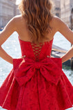 Felle roze strapless bloemen A-lijn Jacquard strik Homecoming jurk met veter op de rug