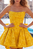 Felle roze strapless bloemen A-lijn Jacquard strik Homecoming jurk met veter op de rug
