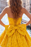 Felle roze strapless bloemen A-lijn Jacquard strik Homecoming jurk met veter op de rug
