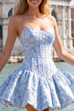 A-Line blauwe Jacquard bloemenkorset strapless homecoming jurk