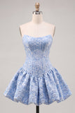 A-Line blauwe Jacquard bloemenkorset strapless homecoming jurk