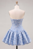 A-Line blauwe Jacquard bloemenkorset strapless homecoming jurk