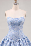 A-Line blauwe Jacquard bloemenkorset strapless homecoming jurk