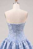 A-Line blauwe Jacquard bloemenkorset strapless homecoming jurk