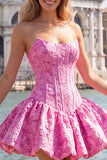 A-Line blauwe Jacquard bloemenkorset strapless homecoming jurk