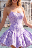 A-Line blauwe Jacquard bloemenkorset strapless homecoming jurk