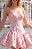 A-Line blauwe Jacquard bloemenkorset strapless homecoming jurk