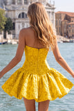 A-Line blauwe Jacquard bloemenkorset strapless homecoming jurk