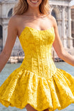A-Line blauwe Jacquard bloemenkorset strapless homecoming jurk