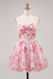 A-lijn roze sweetheart bloemen chiffon homecoming jurk met kant op de rug