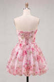 A-lijn roze sweetheart bloemen chiffon homecoming jurk met kant op de rug