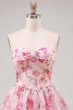 A-lijn roze sweetheart bloemen chiffon homecoming jurk met kant op de rug