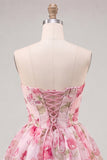 A-lijn roze sweetheart bloemen chiffon homecoming jurk met kant op de rug