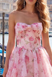 A-lijn roze sweetheart bloemen chiffon homecoming jurk met kant op de rug