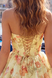 A-lijn roze sweetheart bloemen chiffon homecoming jurk met kant op de rug