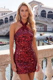 Glinsterende koningsblauwe bodycon halter hals pailletten korte homecomingjurk met open rug