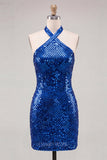 Glinsterende koningsblauwe bodycon halter hals pailletten korte homecomingjurk met open rug