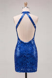 Glinsterende koningsblauwe bodycon halter hals pailletten korte homecomingjurk met open rug
