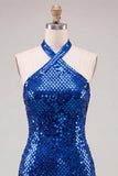 Glinsterende koningsblauwe bodycon halter hals pailletten korte homecomingjurk met open rug