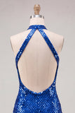 Glinsterende koningsblauwe bodycon halter hals pailletten korte homecomingjurk met open rug