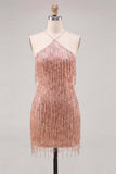 Dusty Rose Bodycon halter hals pailletten Homecoming jurk met franjes
