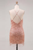 Dusty Rose Bodycon halter hals pailletten Homecoming jurk met franjes