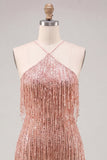 Dusty Rose Bodycon halter hals pailletten Homecoming jurk met franjes