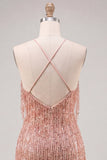 Dusty Rose Bodycon halter hals pailletten Homecoming jurk met franjes