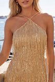 Dusty Rose Bodycon halter hals pailletten Homecoming jurk met franjes