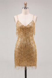 Gouden Bodycon Spaghetti Bandjes Pailletten Homecoming jurk met franjes