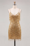 Gouden Bodycon Spaghetti Bandjes Pailletten Homecoming jurk met franjes