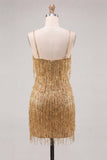Gouden Bodycon Spaghetti Bandjes Pailletten Homecoming jurk met franjes