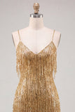 Gouden Bodycon Spaghetti Bandjes Pailletten Homecoming jurk met franjes