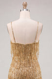 Gouden Bodycon Spaghetti Bandjes Pailletten Homecoming jurk met franjes