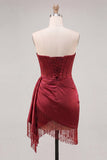 Bordeauxrode Bodycon sweetheart korset gerimpeld met franjes en kant op de achterste homecoming jurk