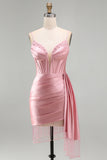 Roze Bodycon korset met gerimpelde, kralenversierde korte homecomingjurk met sjerp